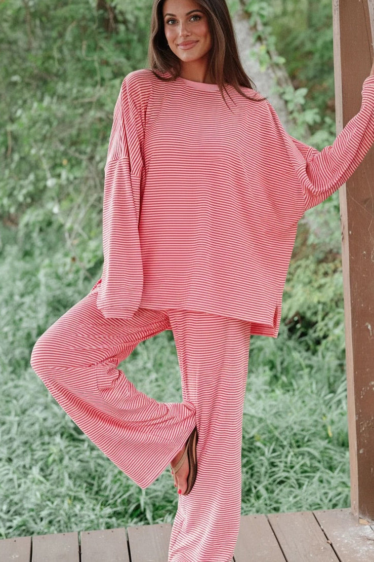 Vintage Havana Cloud Fleece striped tee with short sleeves and white trim, ultra-soft and part of a matching set