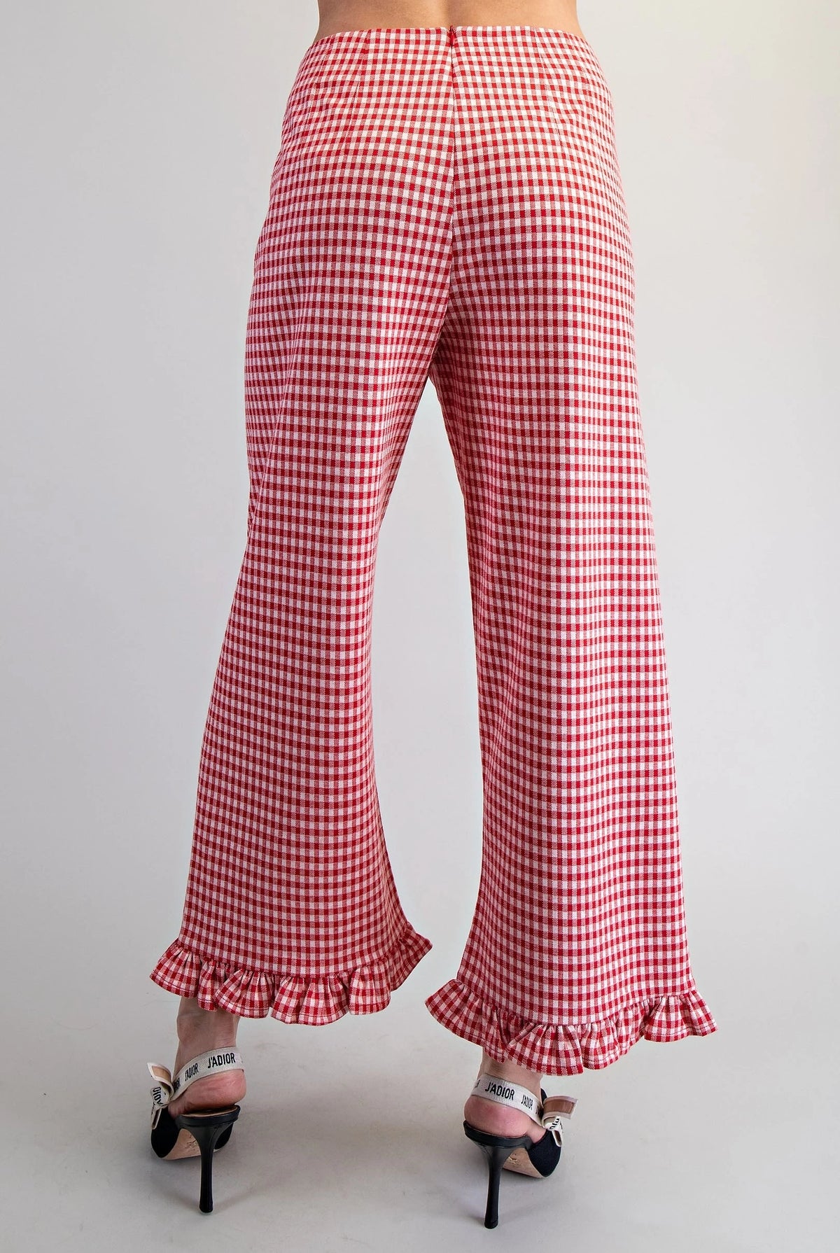 Red and white gingham wide-leg pants with ruffled hems, high waist and discreet back zipper front pockets