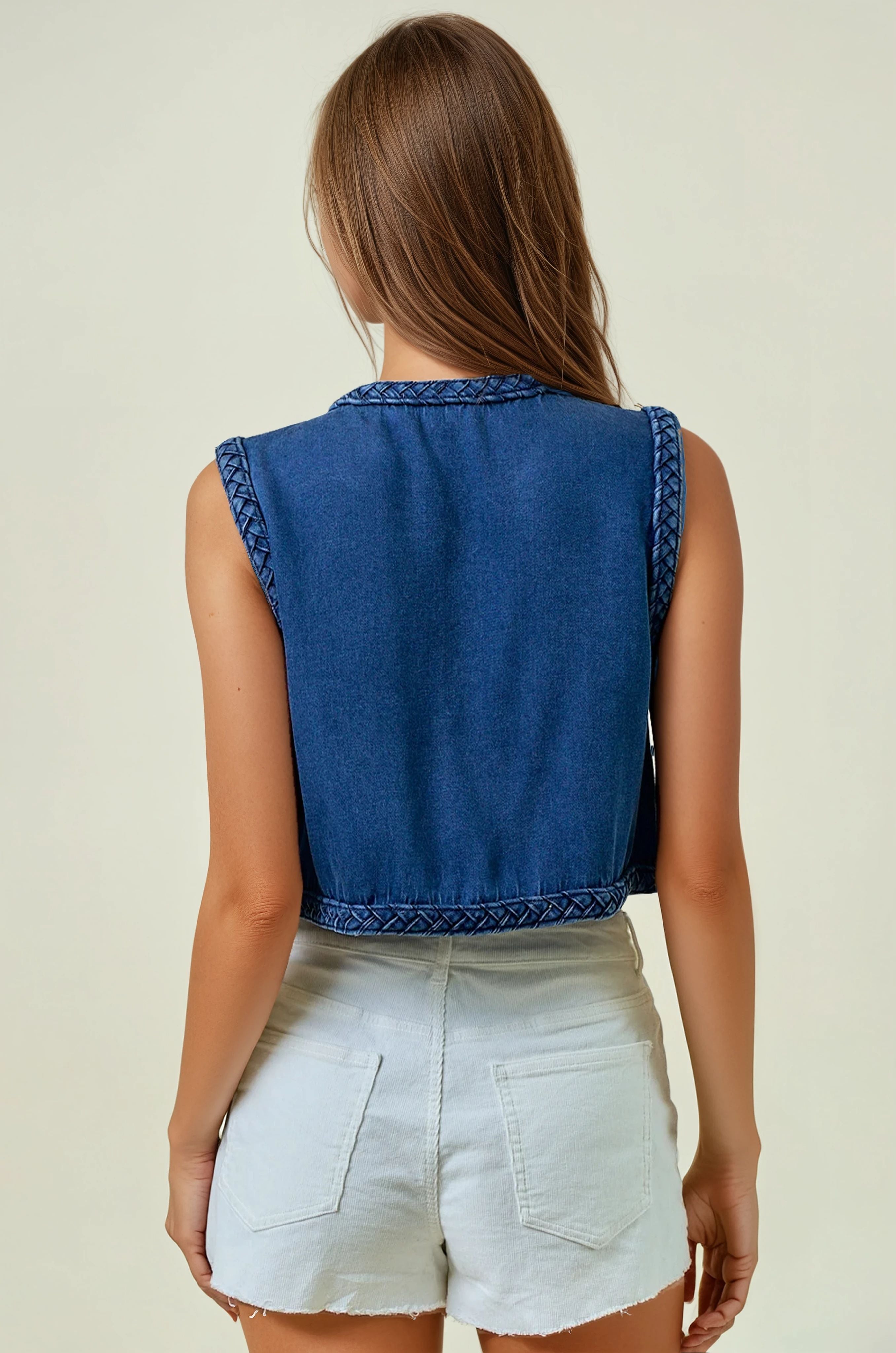 Braided trim lightweight denim vest with front latch closure for women