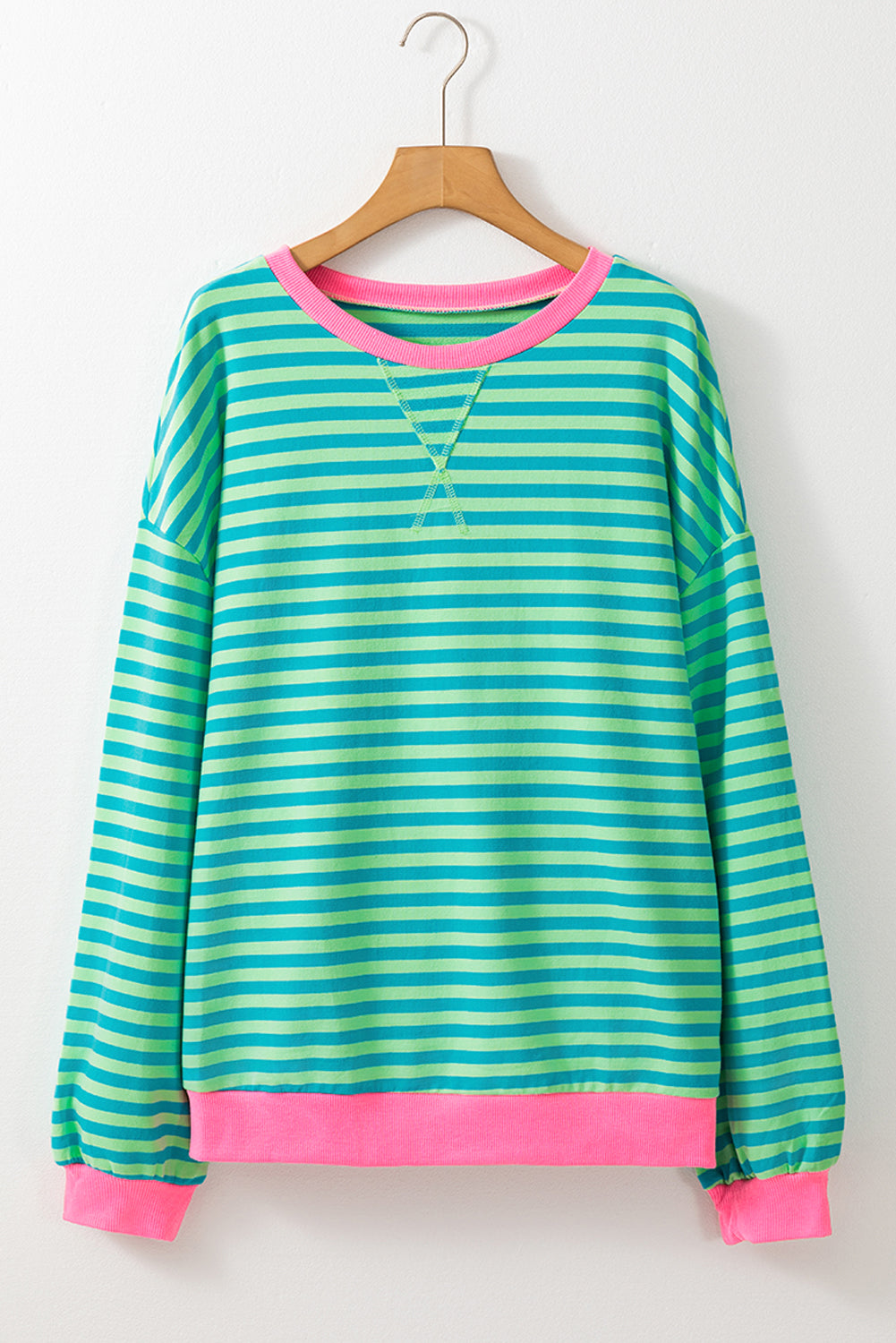 Women’s Casual Cool Stripe Oversized Sweatshirt with drop shoulder and contrast trim in relaxed fit, styled with denim