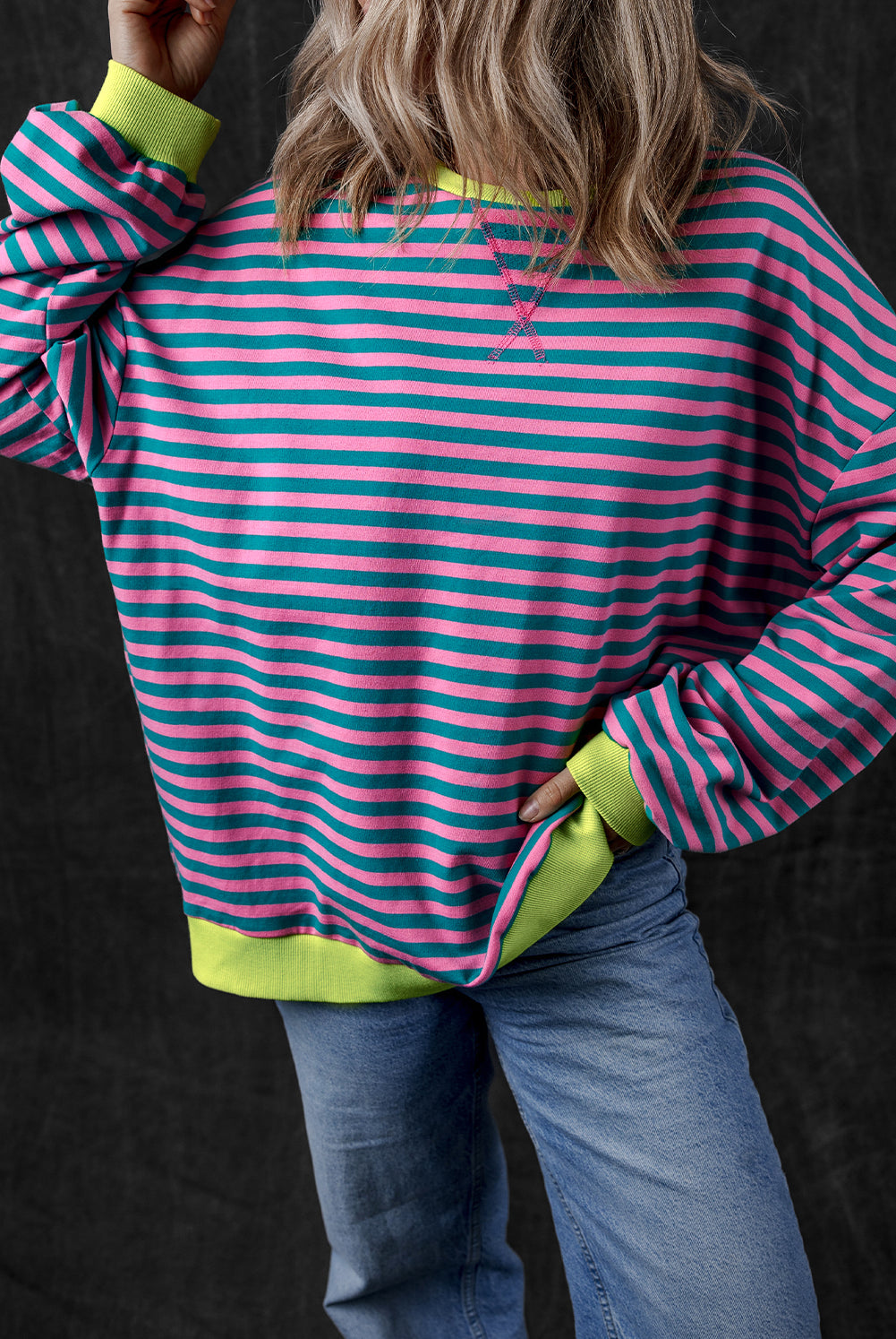 Women’s Casual Cool Stripe Oversized Sweatshirt with drop shoulder and contrast trim in relaxed fit, styled with denim