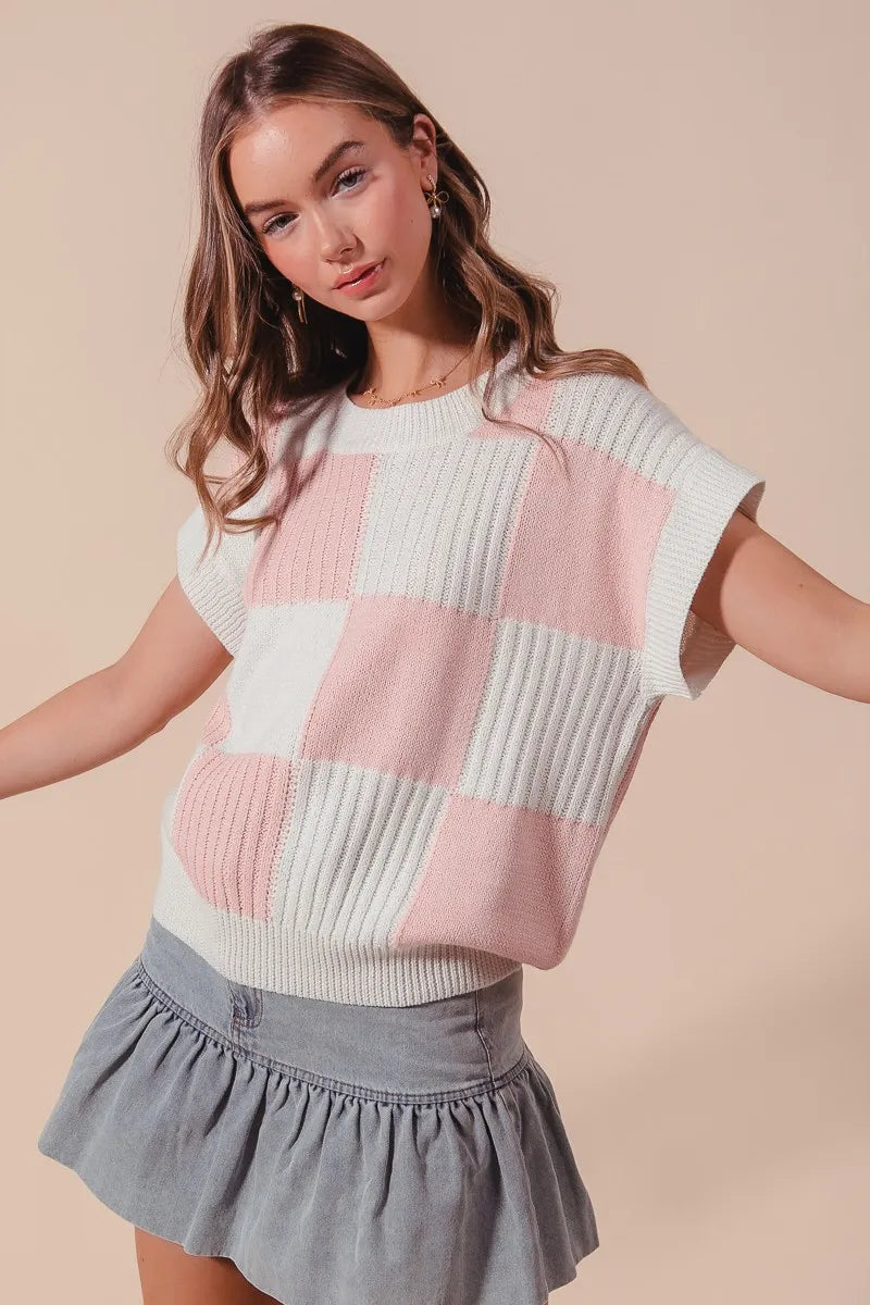 Women’s check plaid casual sweater top in neutral tones, featuring a classic pattern and relaxed fit, perfect for cozy fall and winter outfits.