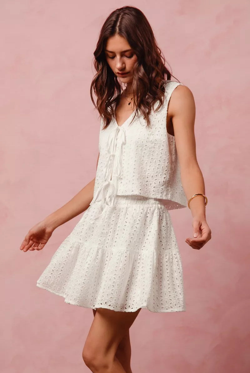 FLORAL EYELET LACE TIE FRONT VEST AND MINI SKIRT SET