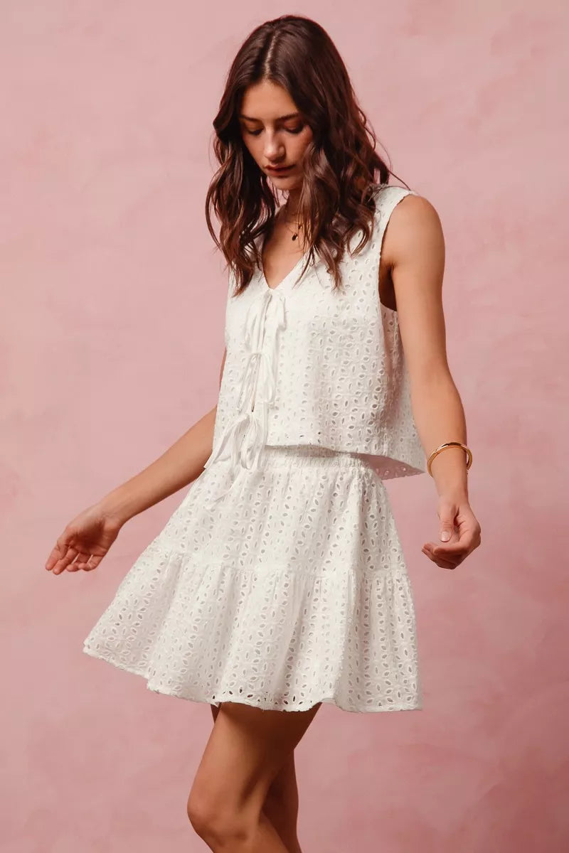 FLORAL EYELET LACE TIE FRONT VEST AND MINI SKIRT SET