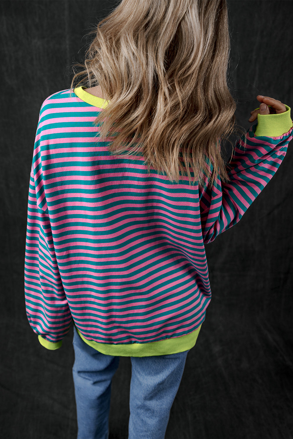Women’s Casual Cool Stripe Oversized Sweatshirt with drop shoulder and contrast trim in relaxed fit, styled with denim