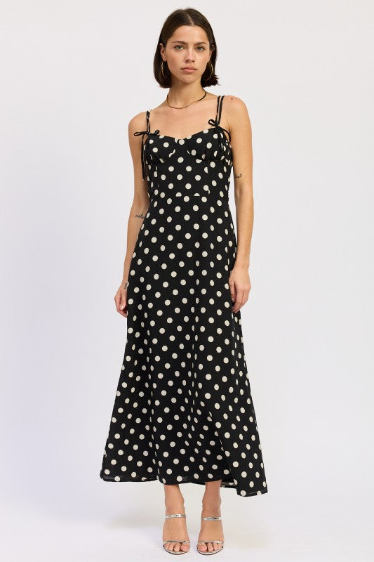 Black and cream polka dot maxi dress with structured bodice Thread Bar Boutique