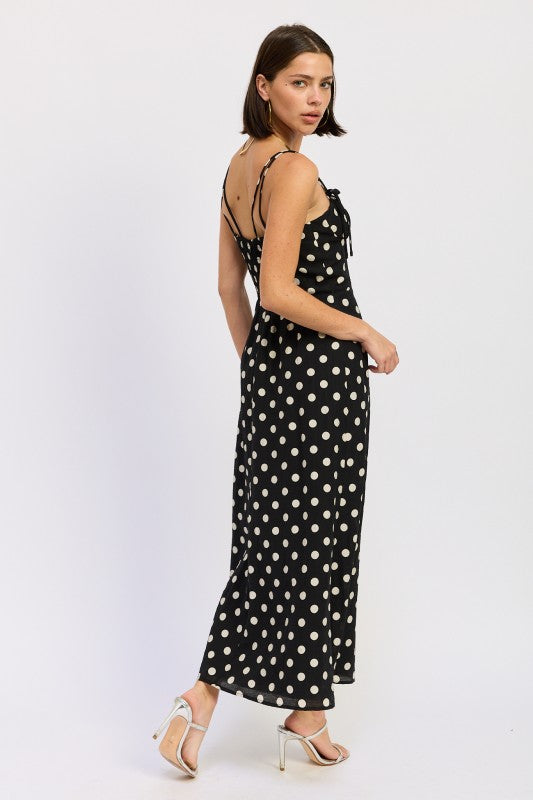 Dressy polka dot maxi dress for brunch or evening events rear side view Thread Bar Boutique