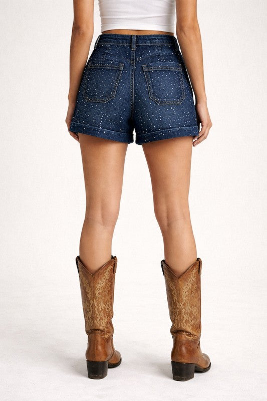 Sparkly rhinestone denim shorts by Thread Bar Boutique made in USA with classic button closure and vintage rolled cuffs for western concert outfits.