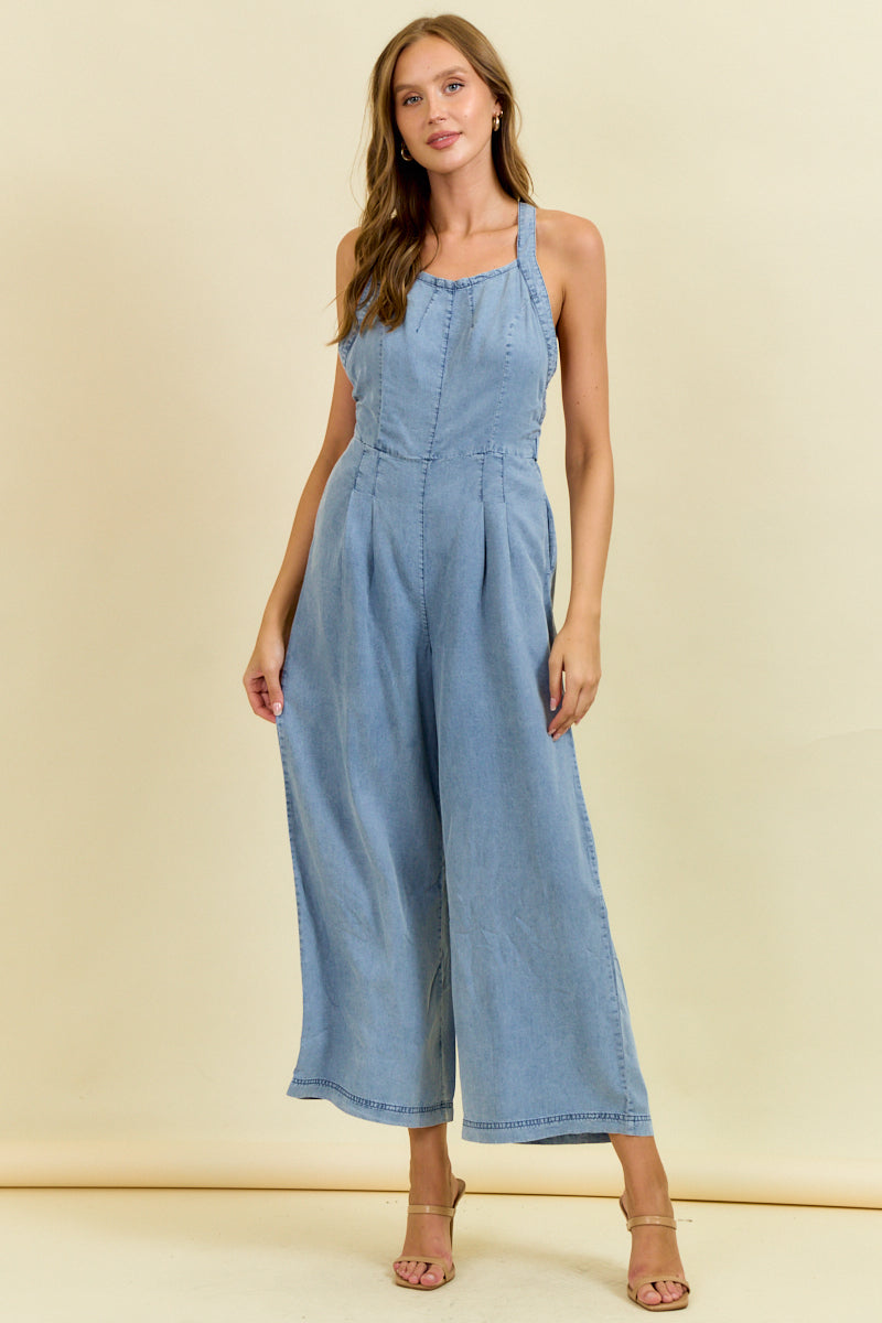 Easy going wide leg denim overalls with adjustable straps for women