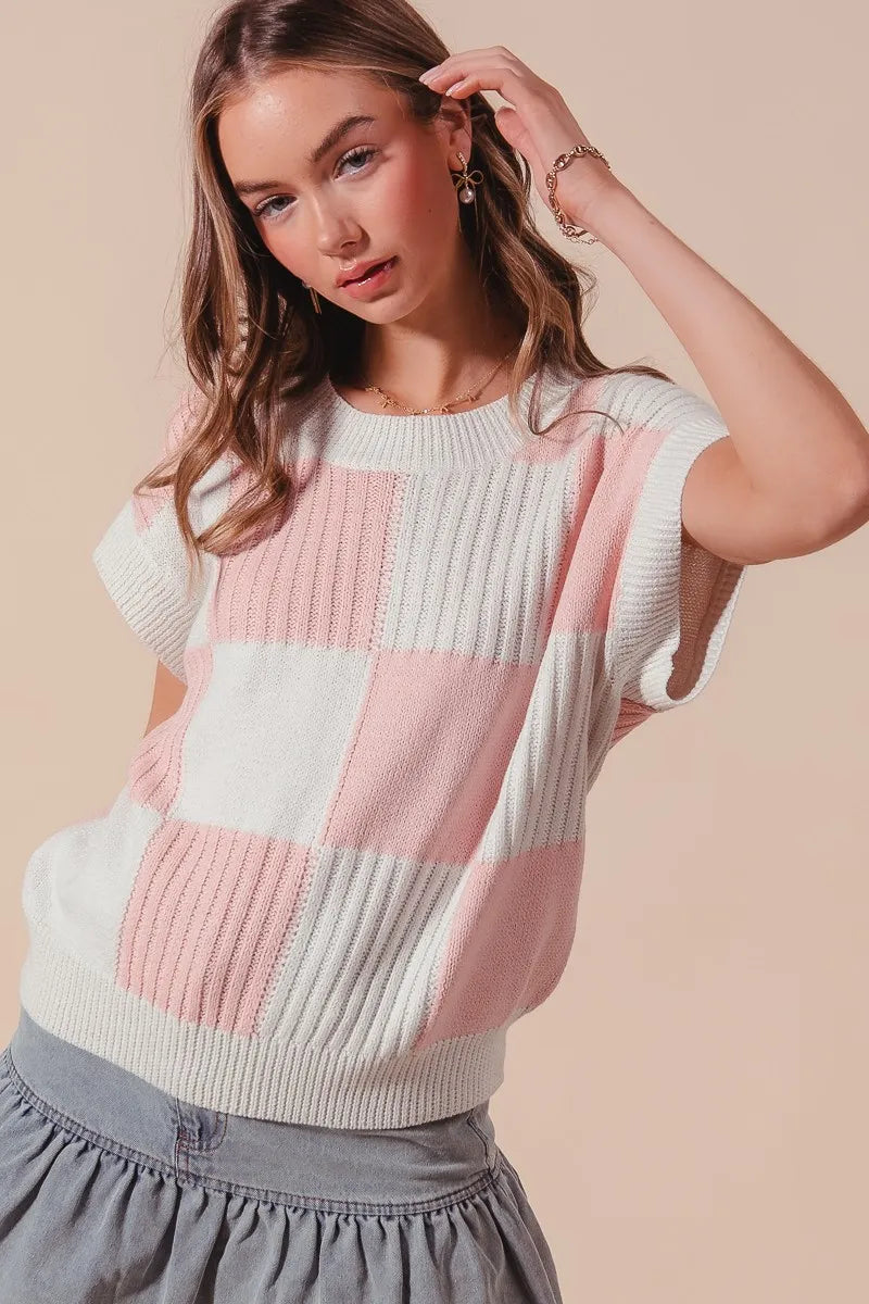 Women’s check plaid casual sweater top in neutral tones, featuring a classic pattern and relaxed fit, perfect for cozy fall and winter outfits.