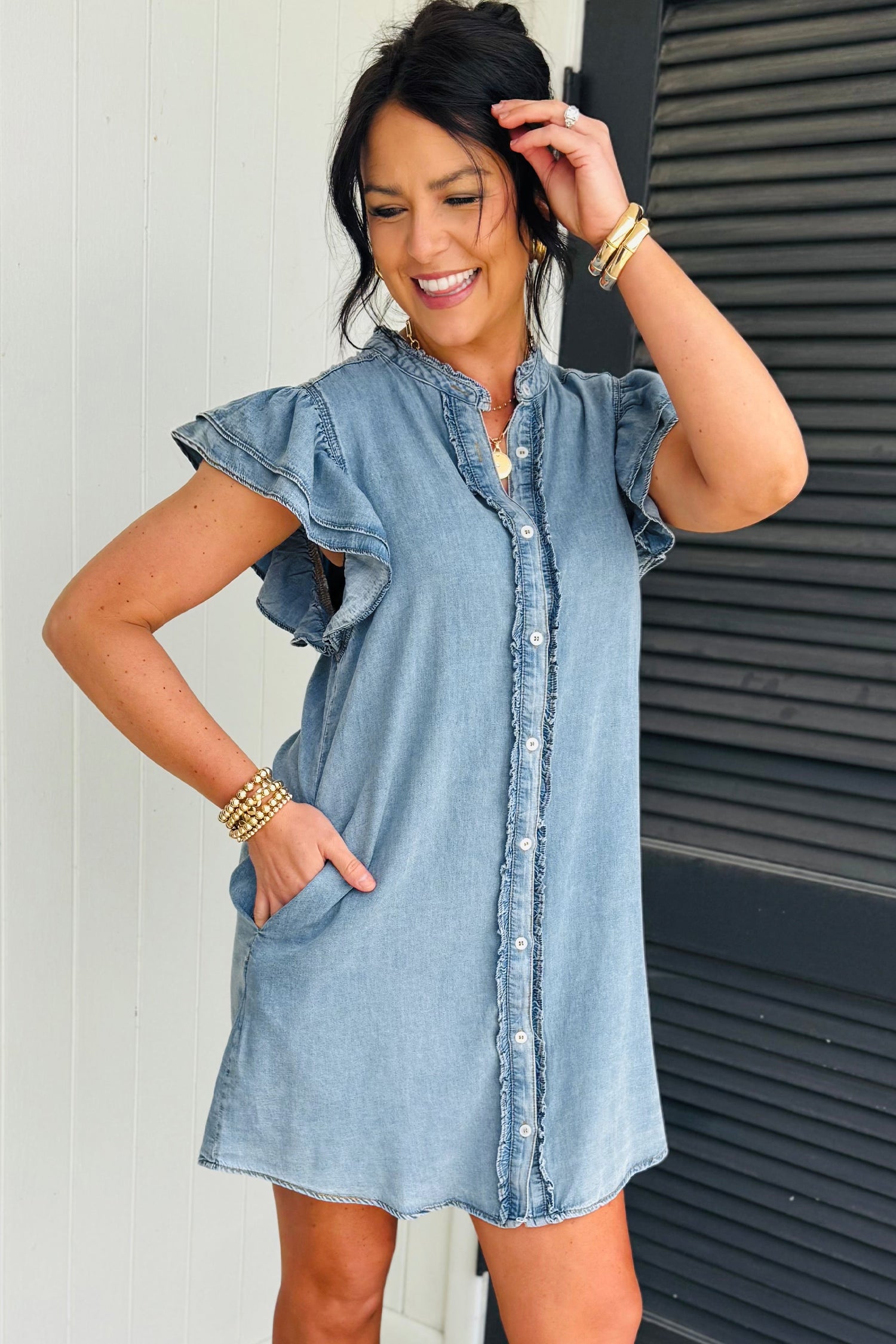 Women’s casual button front denim dress with ruffled sleeves and relaxed fit