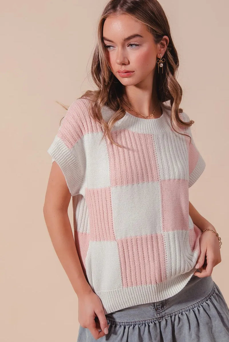 Women’s check plaid casual sweater top in neutral tones, featuring a classic pattern and relaxed fit, perfect for cozy fall and winter outfits.