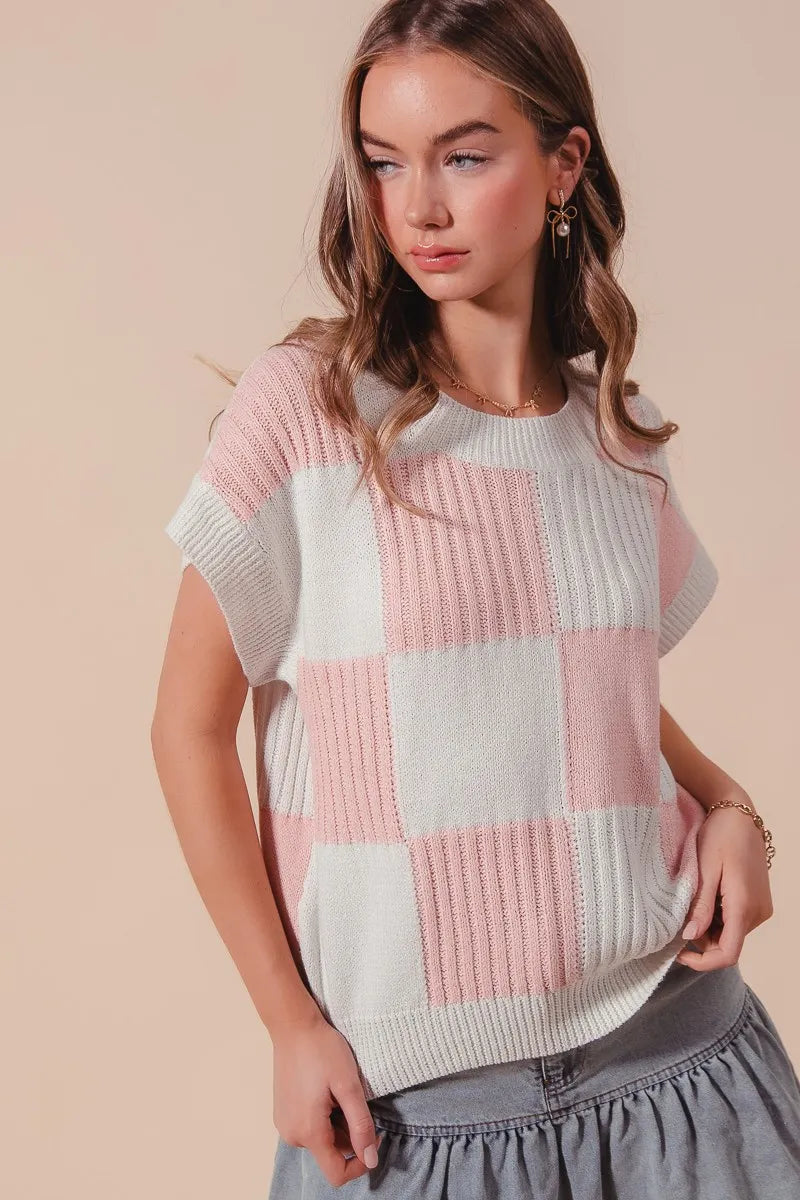 Women’s check plaid casual sweater top in neutral tones, featuring a classic pattern and relaxed fit, perfect for cozy fall and winter outfits.