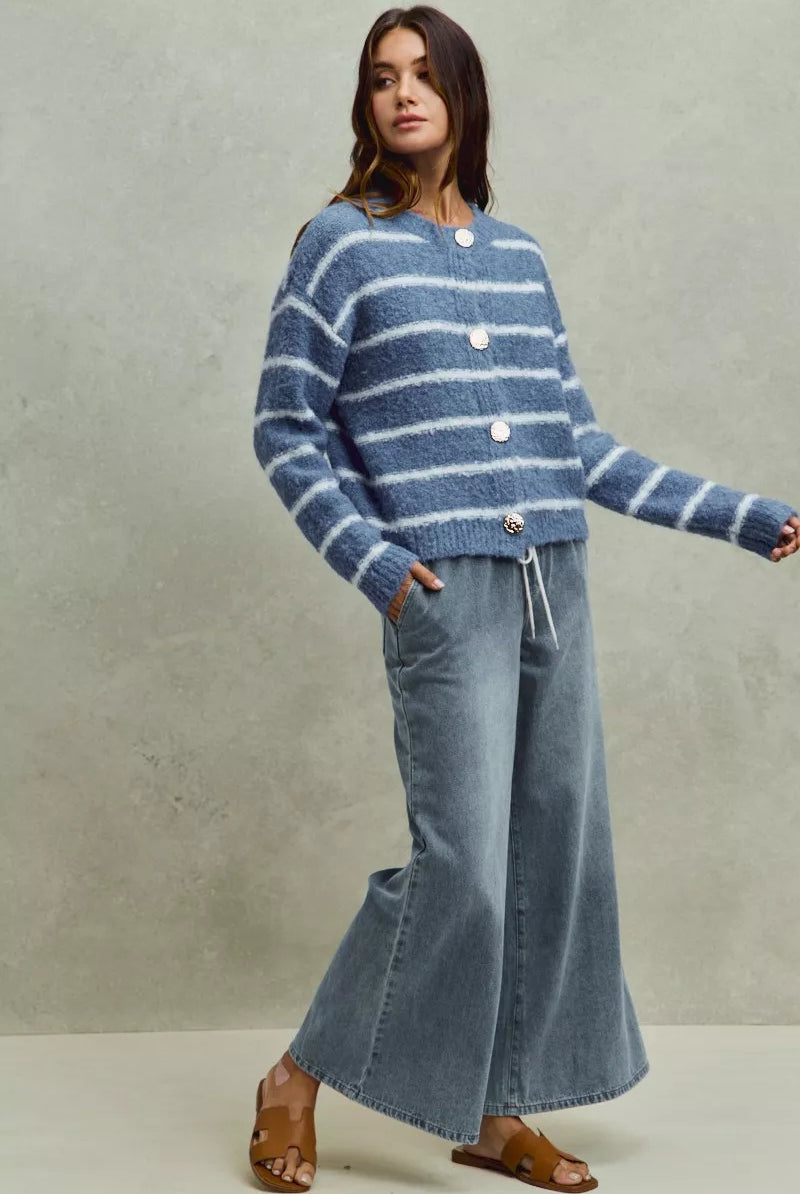 Mid rise elastic flare denim jeans with drawstring