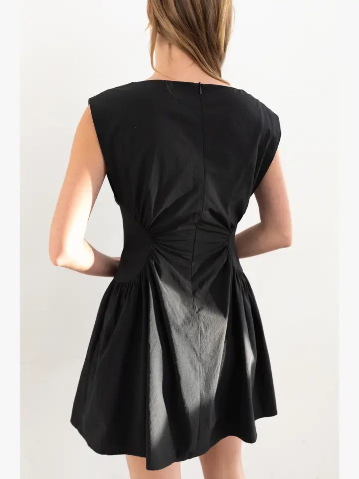 Cap Sleeve black short dress with side ruching and pocket