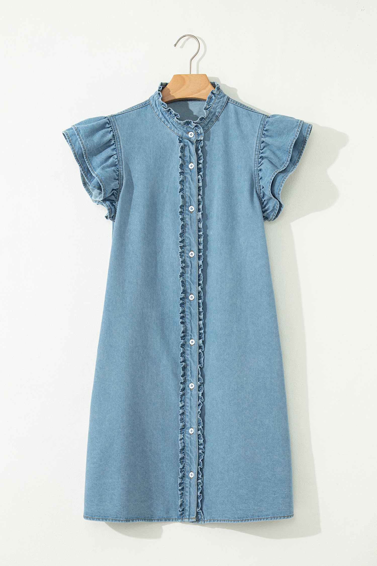 Boutique women’s ruffle sleeve denim dress styled for everyday casual wear