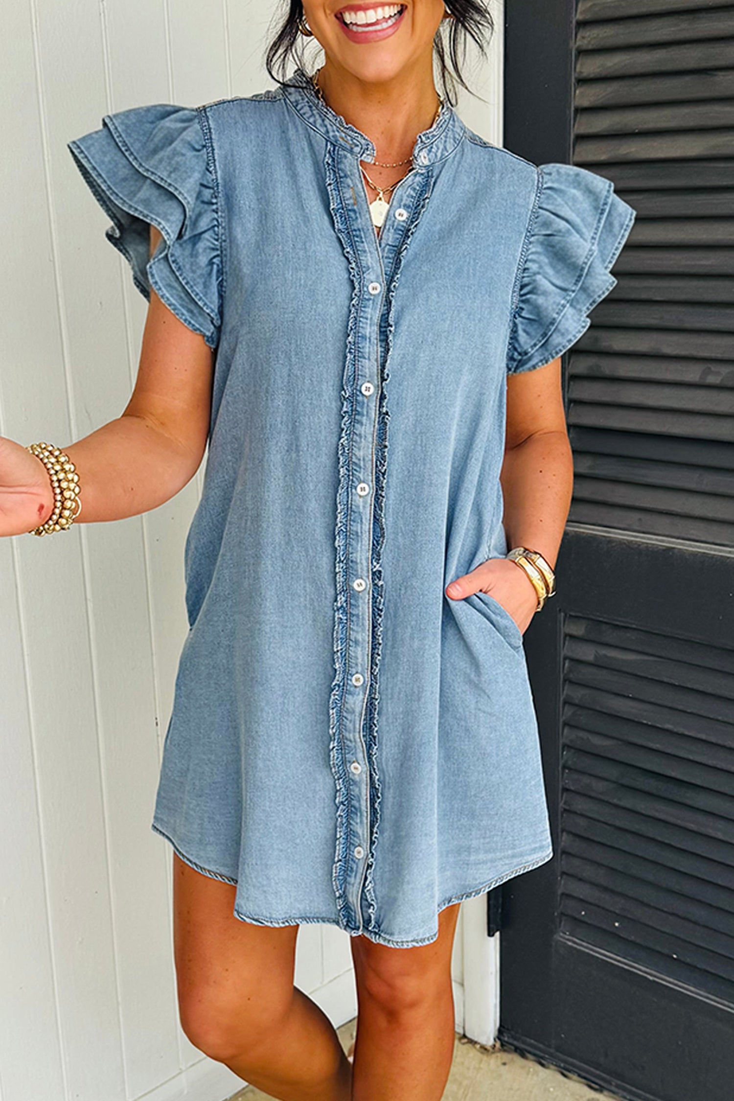 Ruffle sleeve denim shift mini dress with button front and feminine frilled details