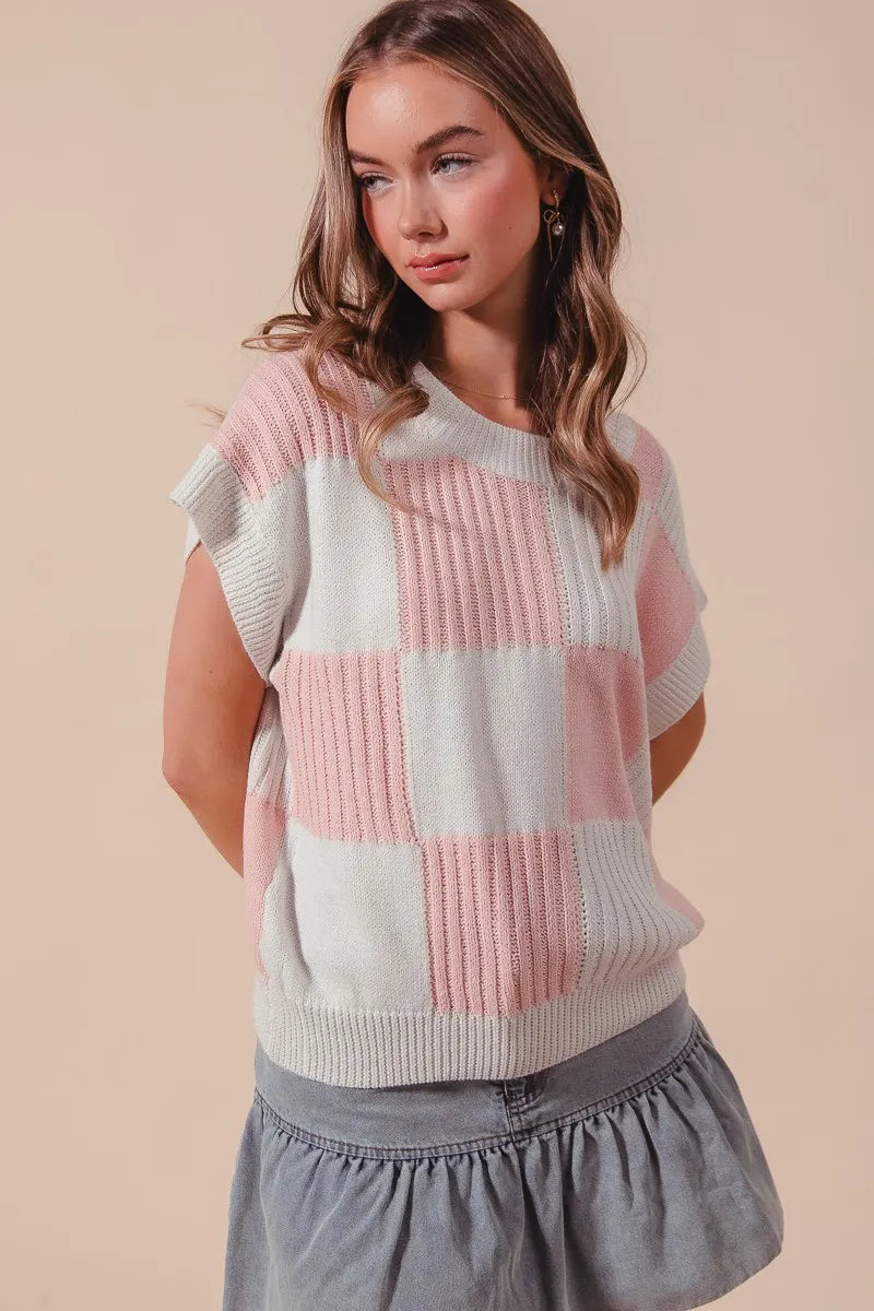 Women’s check plaid casual sweater top in neutral tones, featuring a classic pattern and relaxed fit, perfect for cozy fall and winter outfits.