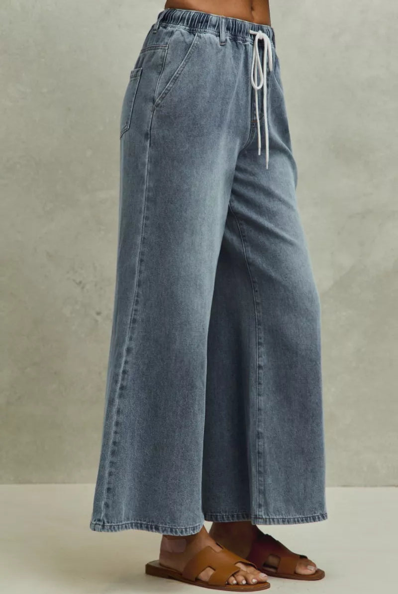 Mid rise elastic flare denim jeans with drawstring side view