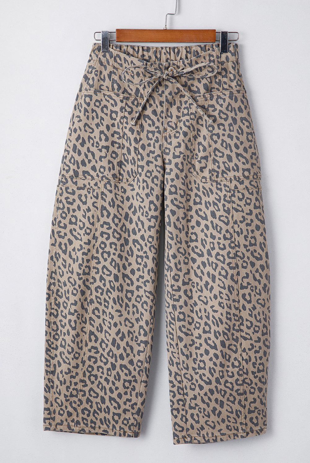 Women’s leopard print barrel leg cropped denim jeans with relaxed fit and ankle length