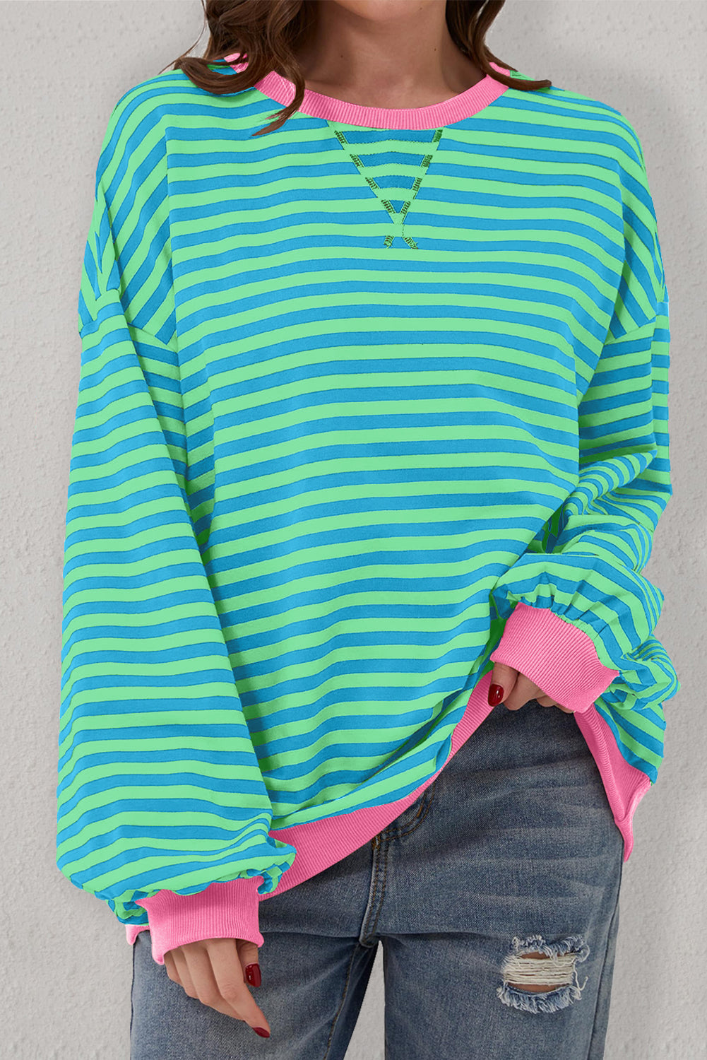 Women’s Casual Cool Stripe Oversized Sweatshirt with drop shoulder and contrast trim in relaxed fit, styled with denim