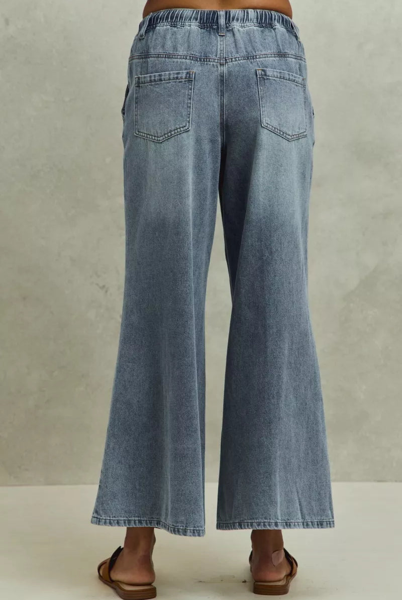 Mid rise elastic flare denim jeans with drawstring rear view