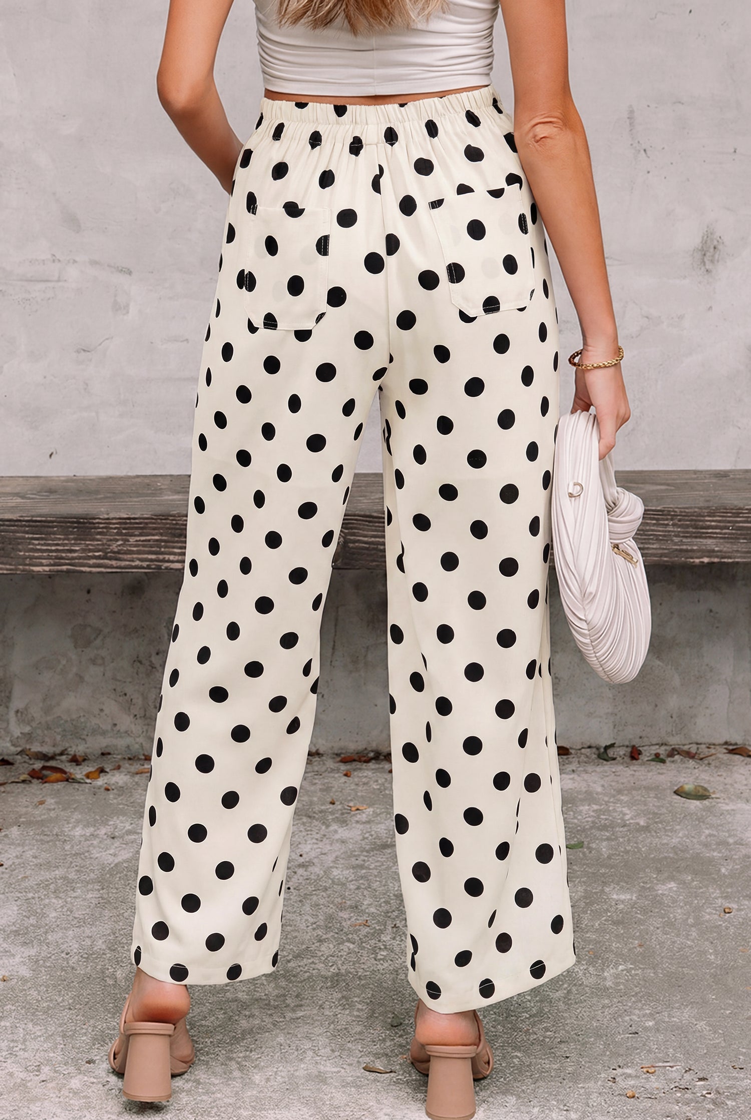Polka dot wide-leg pants with elastic back waistband for women from Thread Bar Boutique