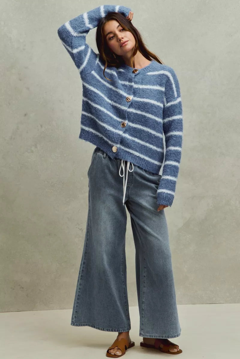 Mid rise elastic flare denim jeans with drawstring