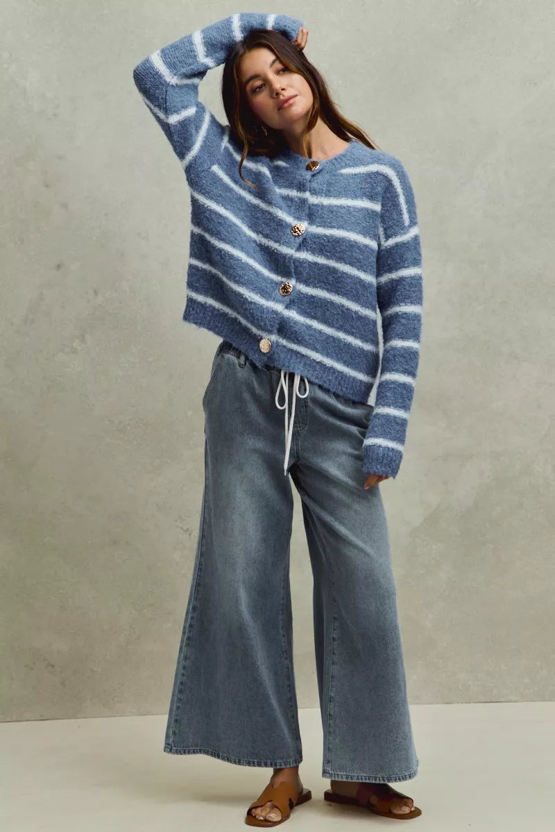 Mid rise elastic flare denim jeans with drawstring