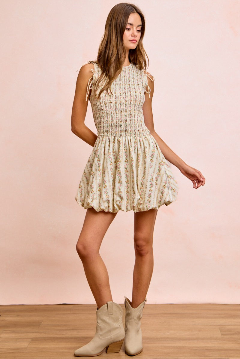 Garden Romance Convertible Dress with detachable puff sleeves in floral print bubble skirt