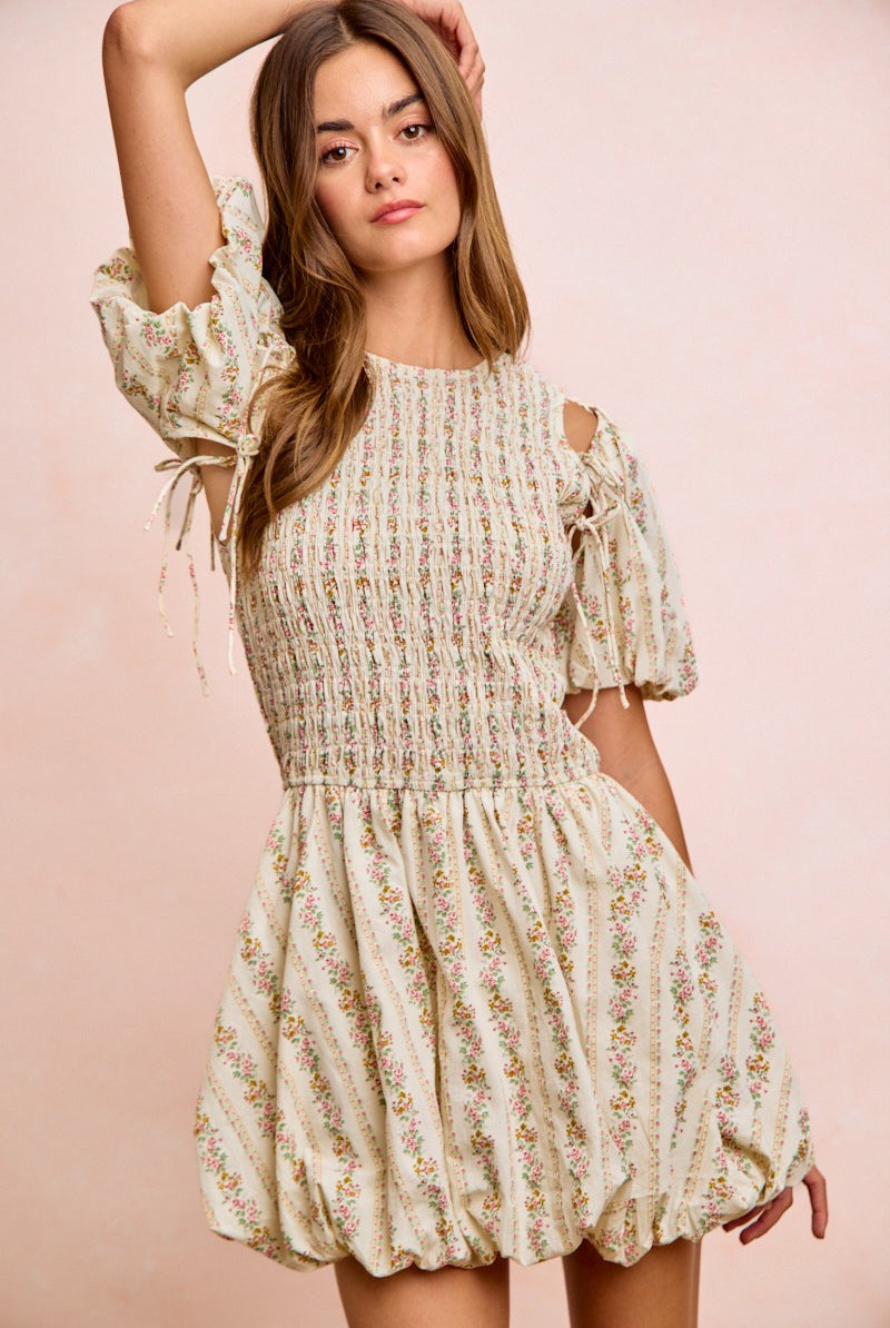 Garden Romance Convertible Dress with detachable puff sleeves in floral print smocked bodice