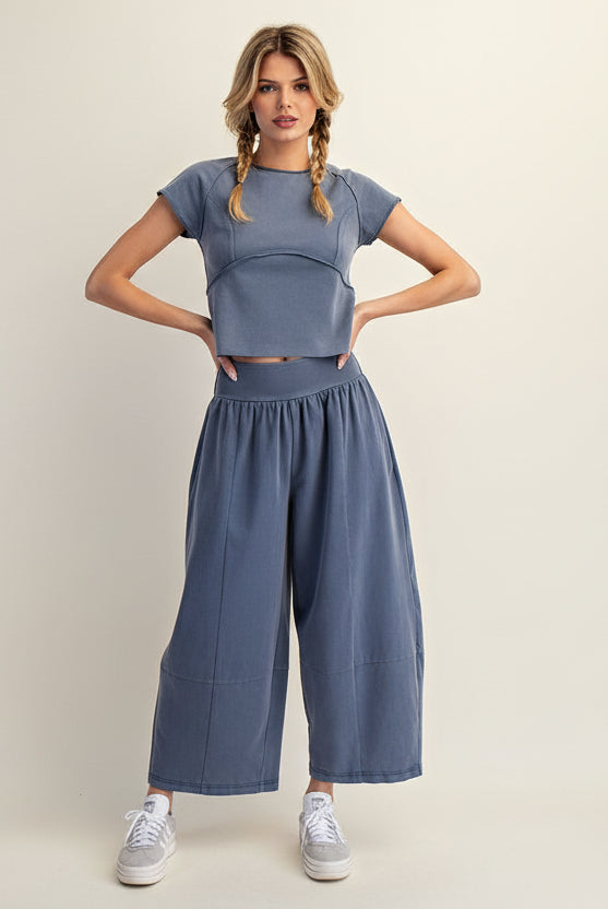 mineral washed crop top showing seam detailing and structured fit part of set