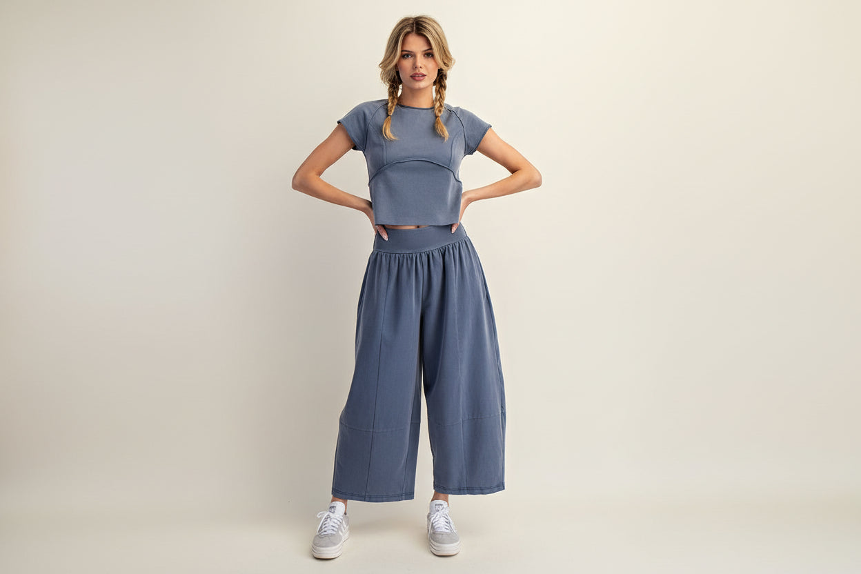 mineral washed crop top showing seam detailing and structured fit part of set