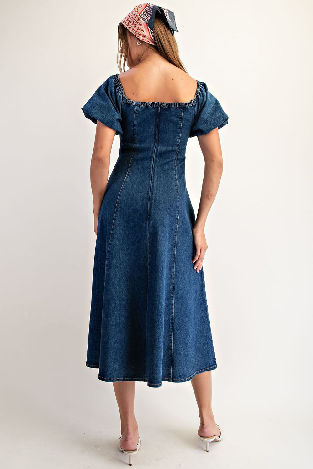 Mineral washed denim puff sleeve midi dress with square neckline and smocked back for women from Thread Bar Boutique