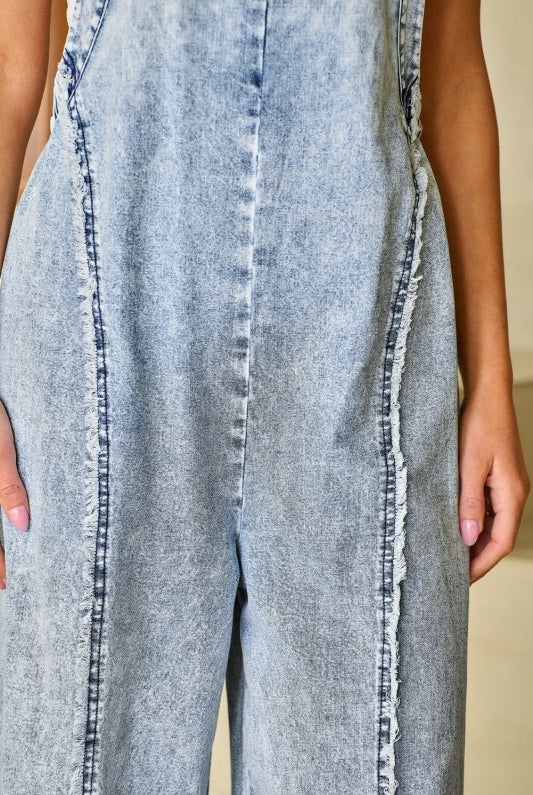 Thread Bar Boutique relaxed fit denim overalls with wide legs, functional pockets, and vintage light wash for year-round styling. fabric close up
