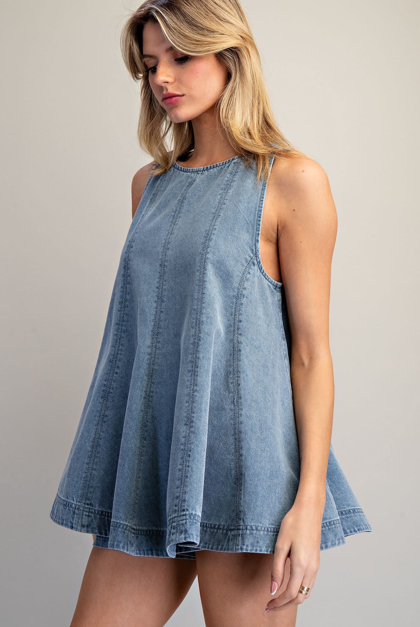 Light wash denim sleeveless A-line top and elastic waist shorts set for women from Thread Bar Boutique