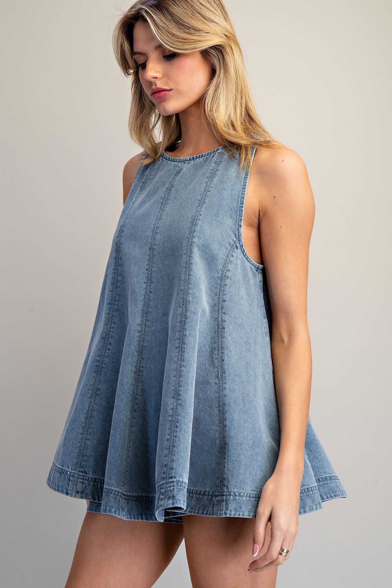 Light wash denim sleeveless A-line top and elastic waist shorts set for women from Thread Bar Boutique