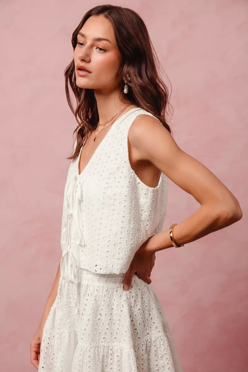 white FLORAL EYELET LACE TIE FRONT VEST AND MINI SKIRT SET