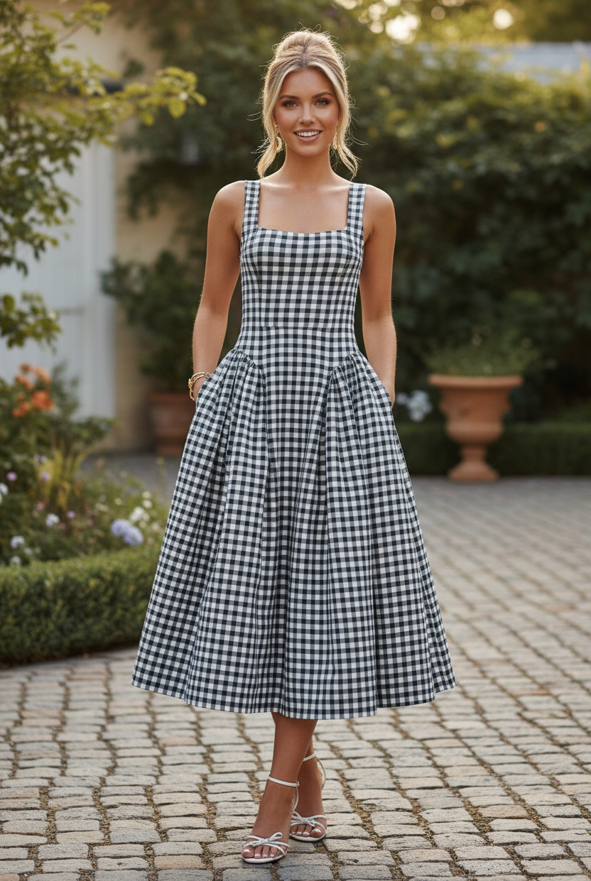 black white gingham fit and flare midi dress with square neck
