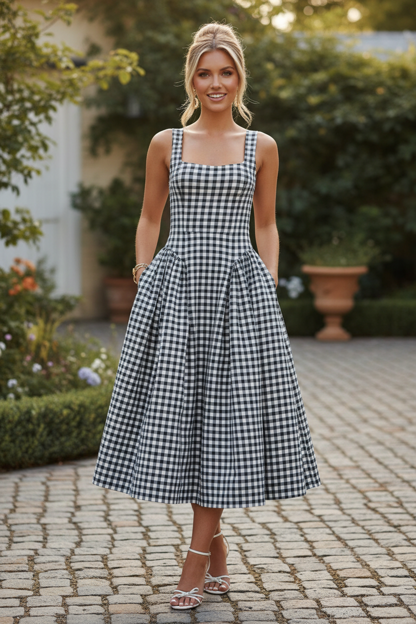 black white gingham fit and flare midi dress with square neck