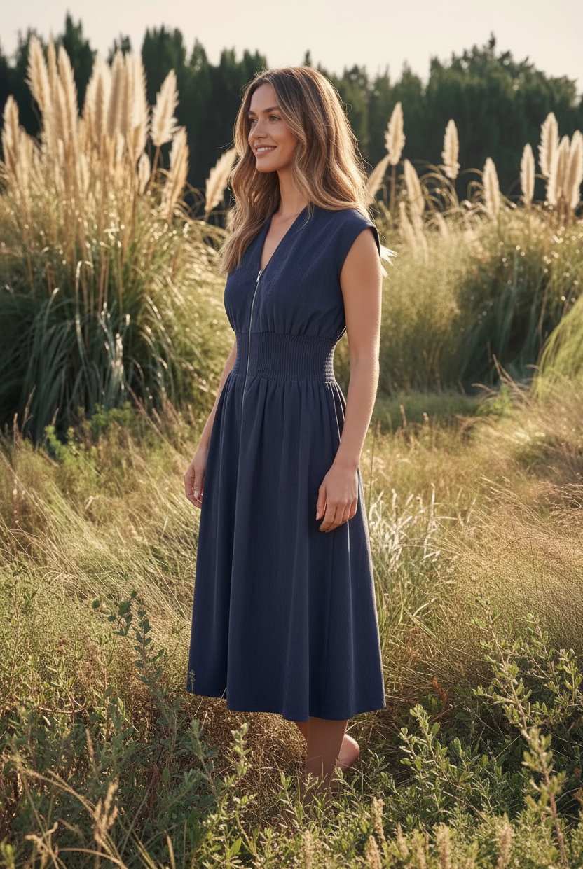 Soft stretch suede midi dress with front zipper, smocked waist, cap sleeves, and pockets, perfect for effortless fall outfits, casual weekends, brunch, workwear, and everyday style.navy blue suede cap sleeve midi dress with smocked waist and front zip,