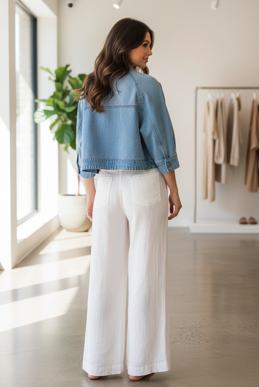 Risen Light wash denim cape jacket by Risen with button front, collared neckline, and dramatic flowy fit