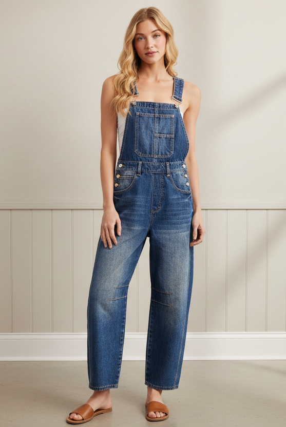 Casual women’s denim overalls with a relaxed barrel-leg silhouette, adjustable shoulder straps, functional pockets, and full-length design for effortless everyday styling.