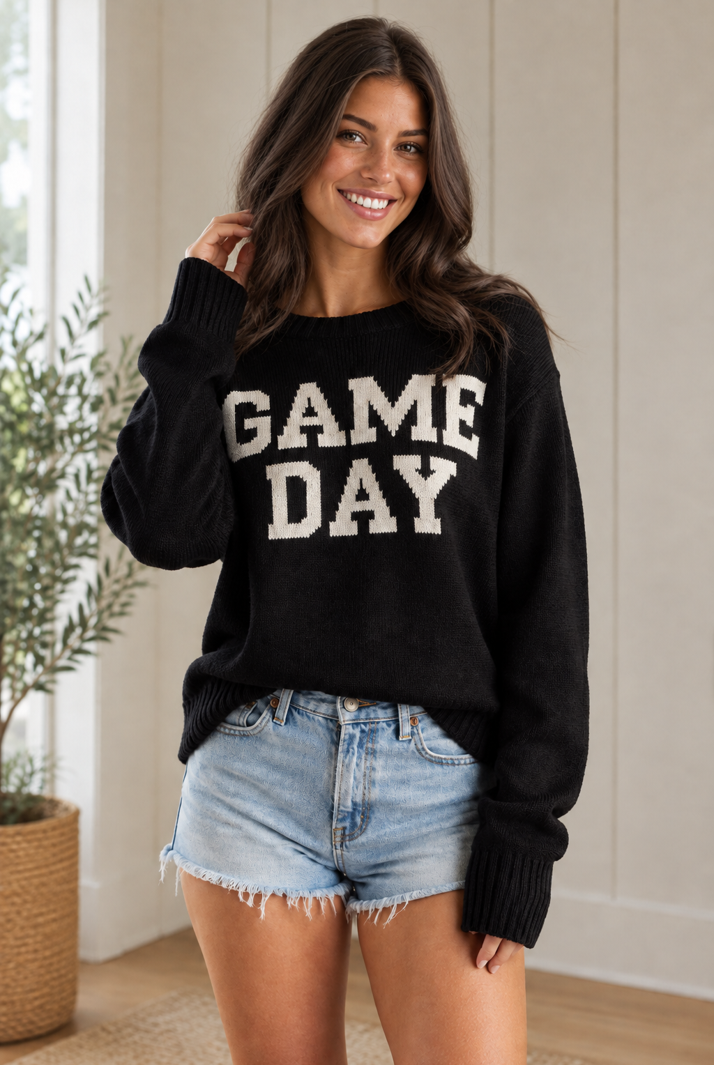 Black and white college Game Day sweater with long sleeves and relaxed oversized fit, perfect for football games, tailgate outfits, school spirit events, and cool-weather game day fashion from Thread Bar Boutique