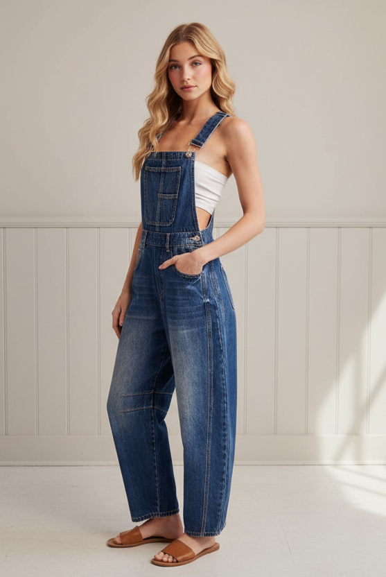 Women’s denim barrel overalls featuring a relaxed wide-leg silhouette, tapered hem, bib front, adjustable straps, and functional pockets for a trendy everyday outfit.
