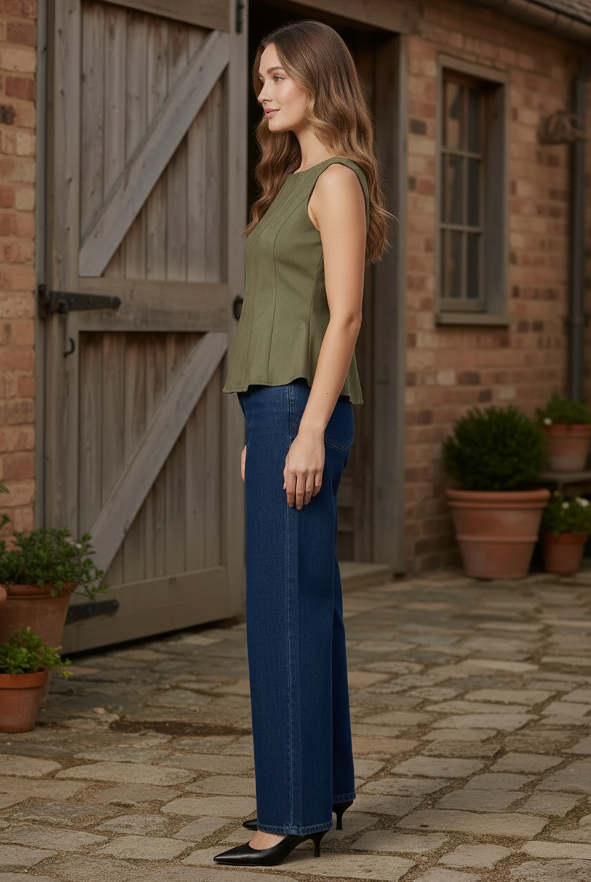 Women's fitted suede peplum top showing structured waist, flared peplum hem, and flattering hourglass silhouette
Fitted Suede Peplum Top