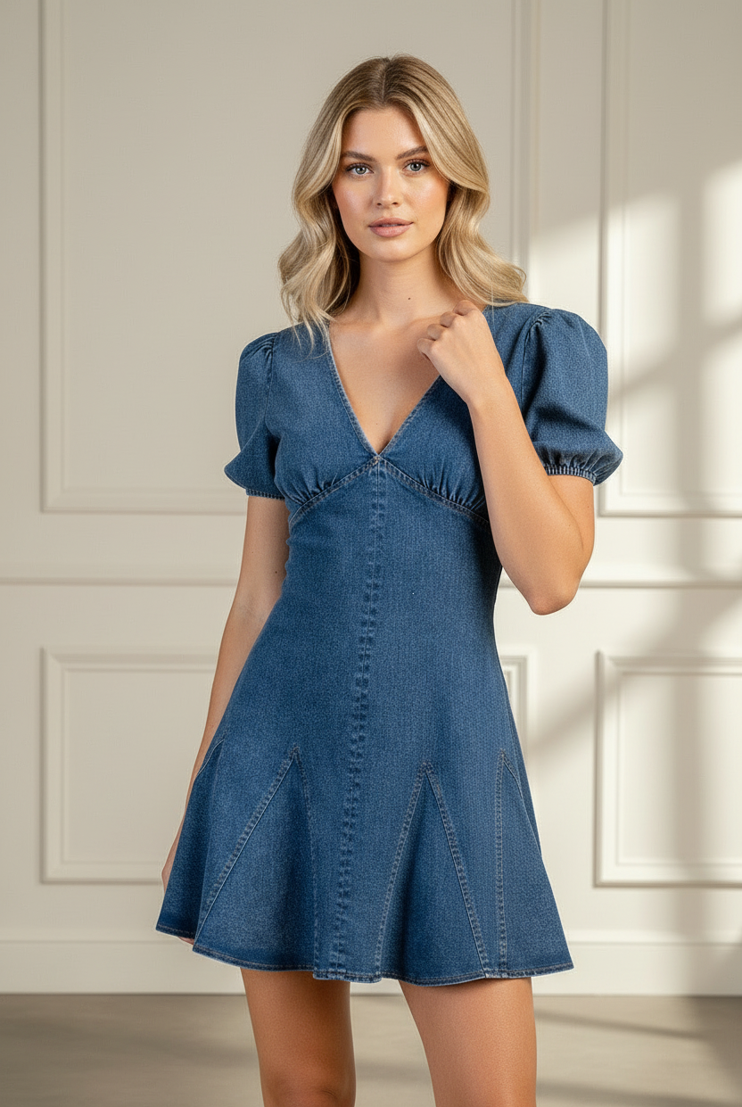 Women’s puff sleeve denim mini dress with a flirty flared godet hem, designed as an easy game day, brunch, or weekend outfit with a polished yet playful feel.