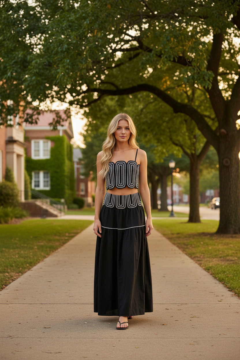 Black lace trim two-piece skirt set featuring a fitted crop top with smocked back, flowing maxi skirt, invisible back zipper, and delicate lace detailing. Lightweight lined matching set for game day outfits, football season, brunch, concerts, vacations, and special events.