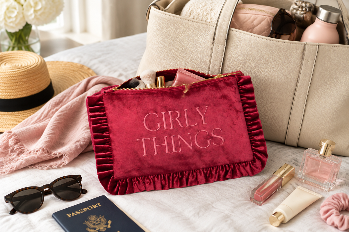 Thread Bar Boutique pink velvet travel bag with playful “Girly Things” embroidery, flirty ruffle trim, soft textured finish, and spacious interior for toiletries and accessories