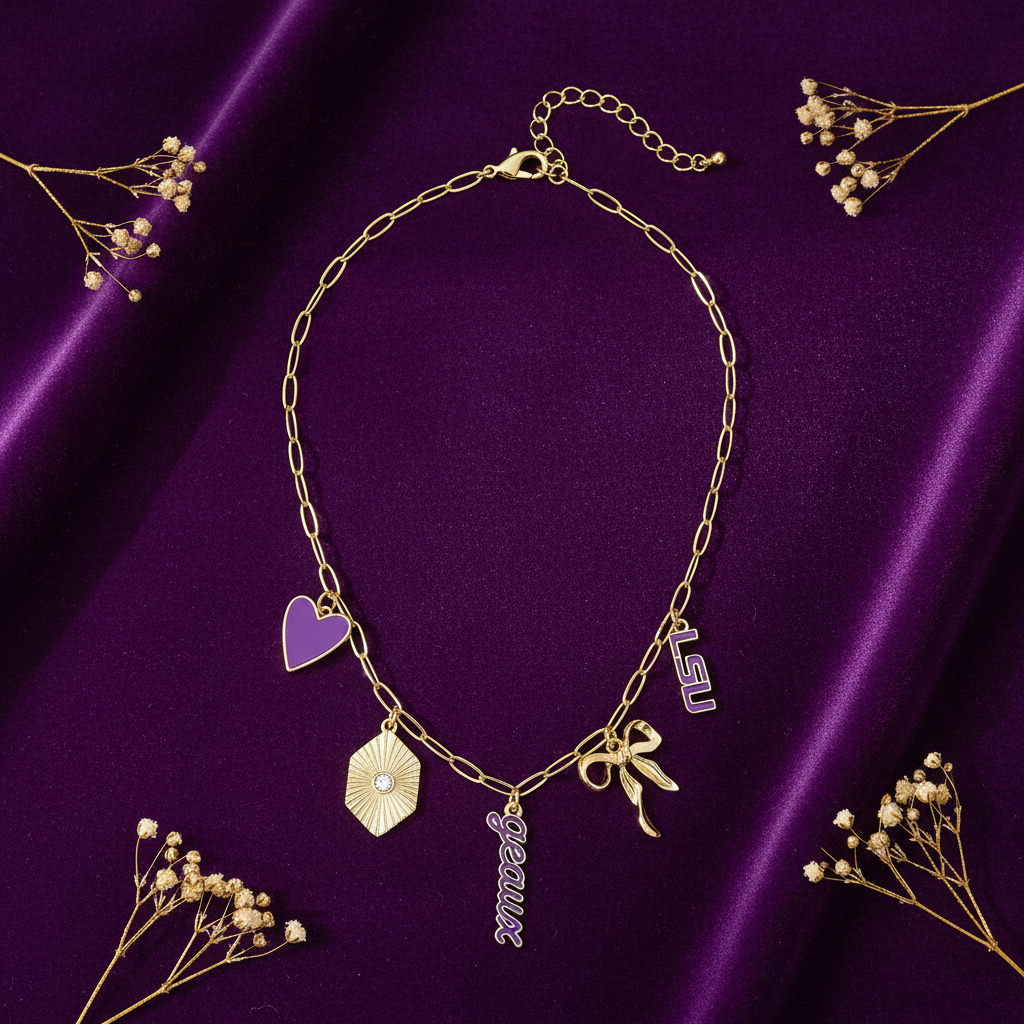 LSU Tigers Charm Necklace Flat Lay Gold Chain
